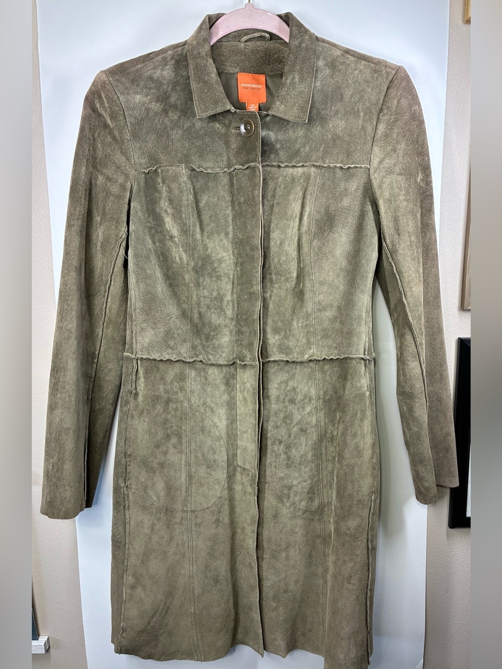 Anonymous John Carlisle Women's XS Olive Green Leather Long Coat Jacket